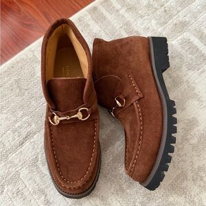 Gucci Chocolate Brown Suede Loafers with Gold Detail